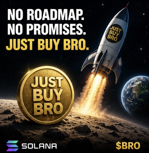No roadmap. No promises. Just Buy Bro — rocket leaving the moon